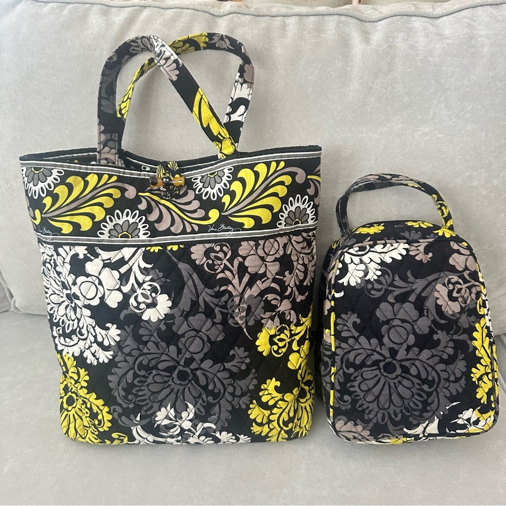 Vera Bradley Baroque Black and Yellow Floral Tote Lunch Bag Set Lot